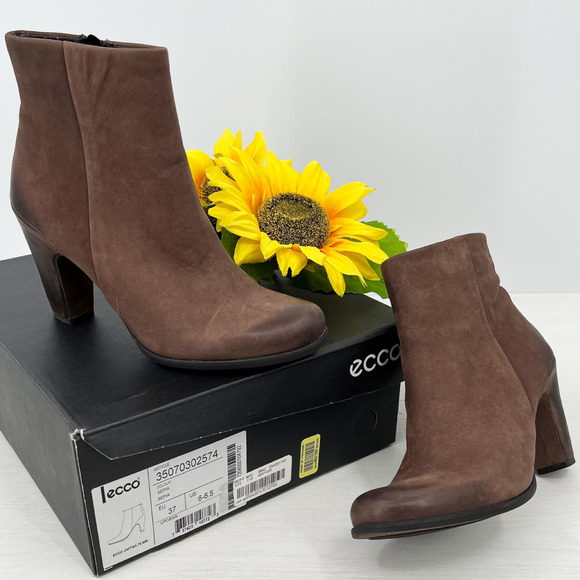 Ecco Jaffna Brown Sepia Leather Zip Heeled Ankle Boots Size US 6 EU 37 - Picture 2 of 12